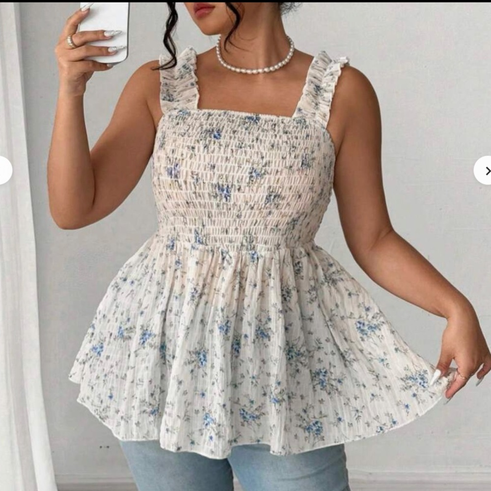 SHEIN Blue Floral Smocked Blouse